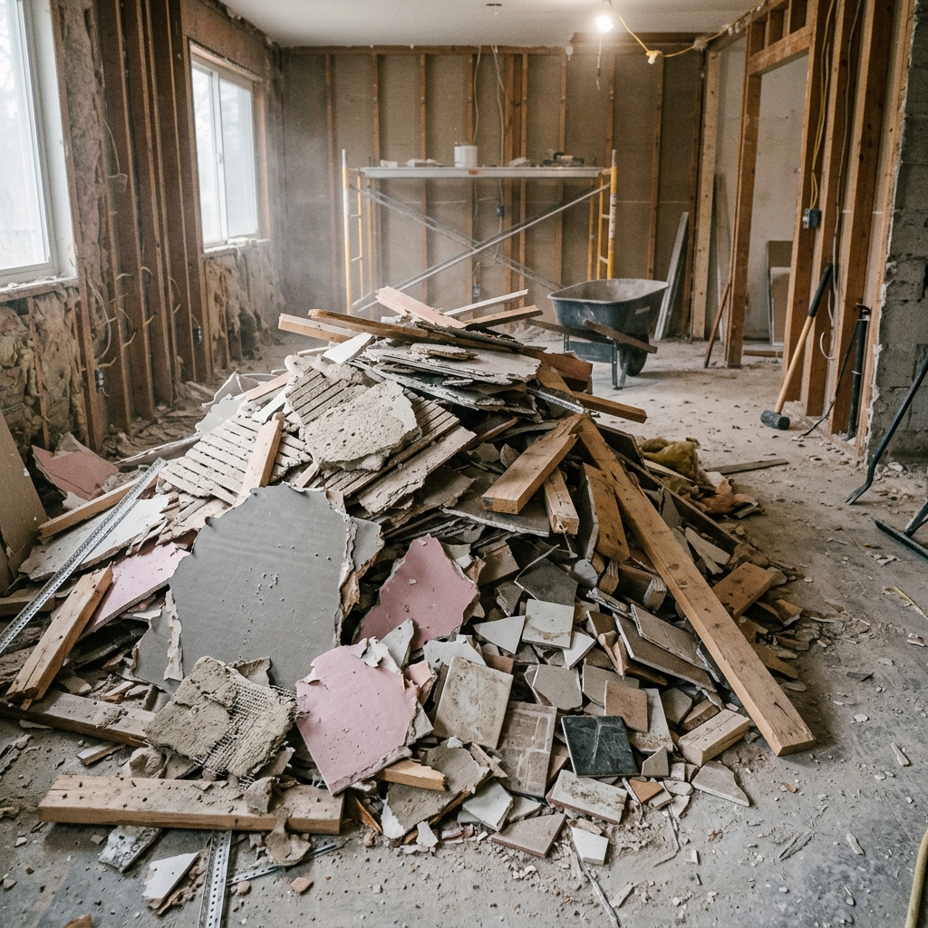 Home interior post-renovation cleanup with all building debris removed