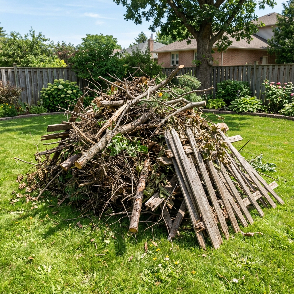 Clean back yard with yard waste and debris cleared away